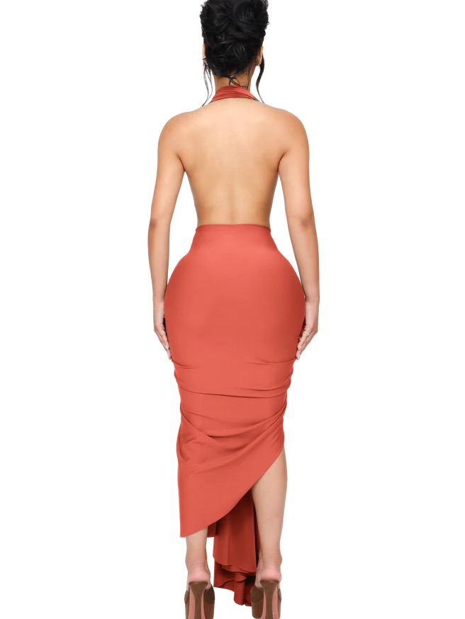 Ruched Halter Midi Dress In Burnt Orange — image 2 of 4